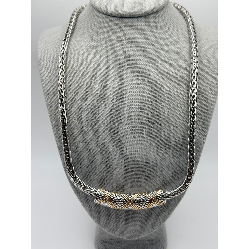 Two Tone Wheat Chain Necklace with Magnetic Bar Clasp Silver Gold Tone 17 Inch